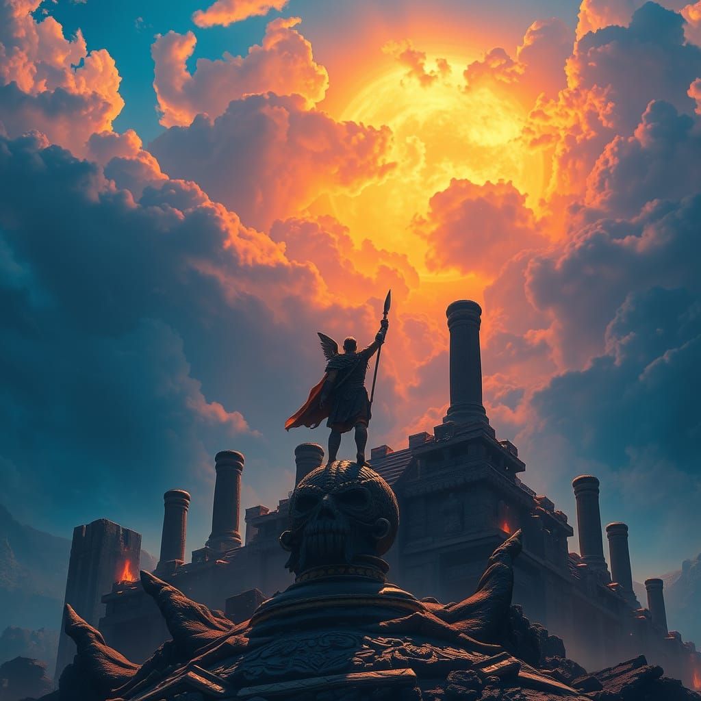 Triumphant Warrior Conquers Ancient Ruins in a Vibrant, Drea...