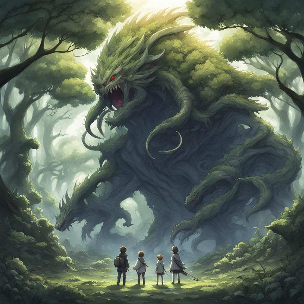 Anime Characters with Fantasy Monsters in Nature
