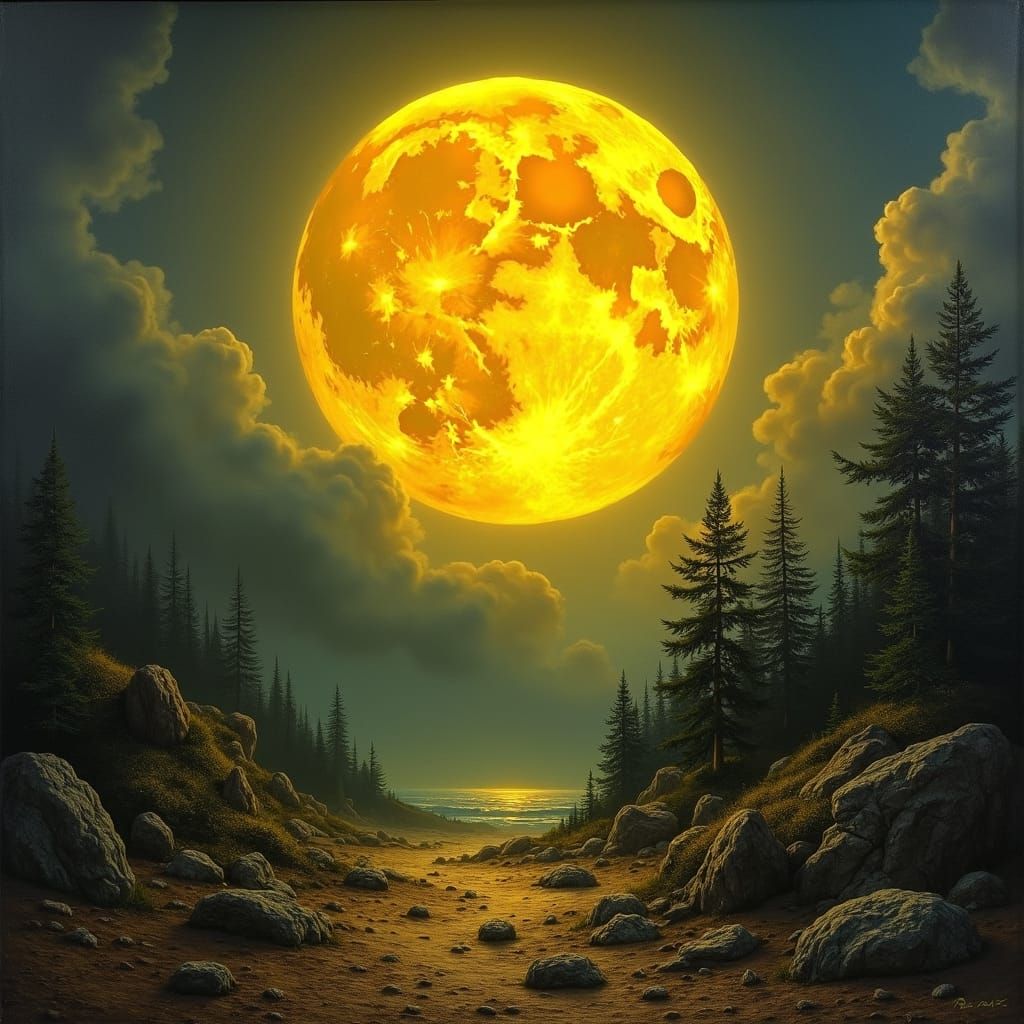 Serene Landscape Under Giant Moon as Oil Painting