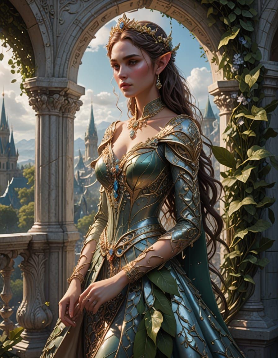 Ethereal Elf Princess in Leafy Gown, Majestic Dragon by Her ...