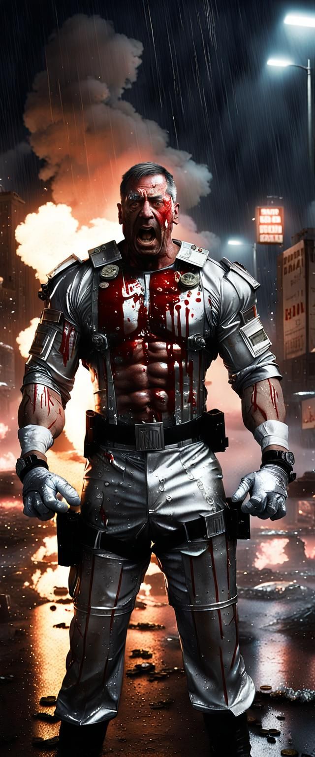 Gritty Hero in Silver Uniform Drips with Blood, Ready for Ba...