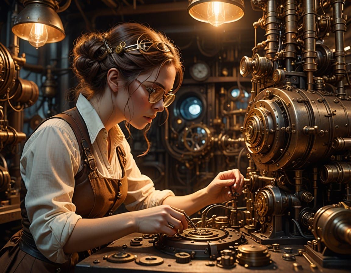Steampunk Inventors Amidst Industrial Machinery