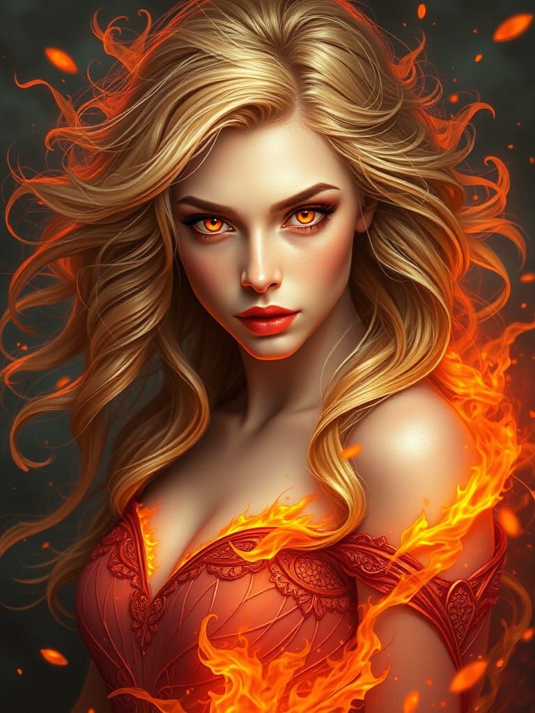 Ethereal Flame Goddess with Cascading Hair