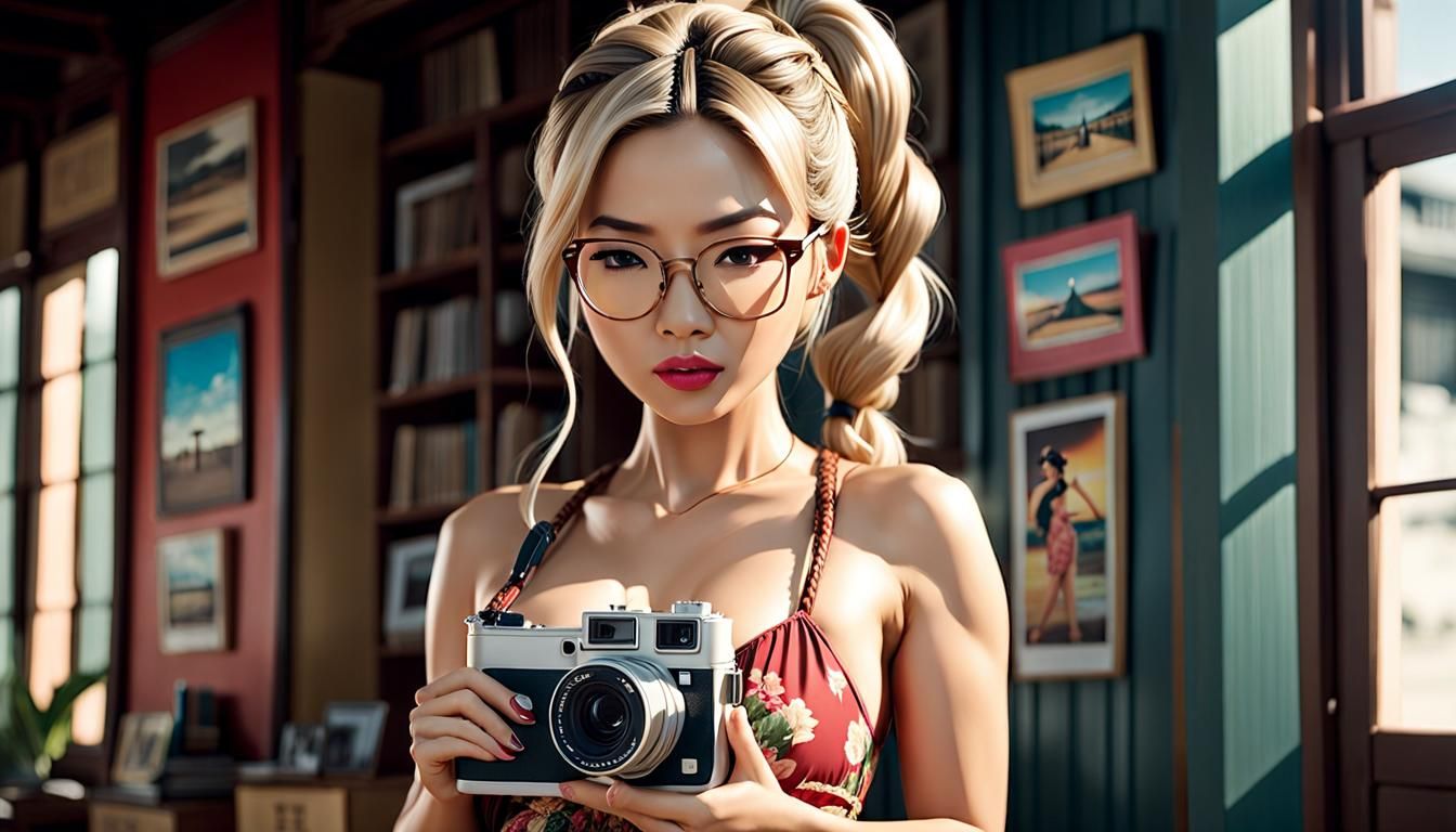 Asian Woman with Polaroid Camera in Tokyo