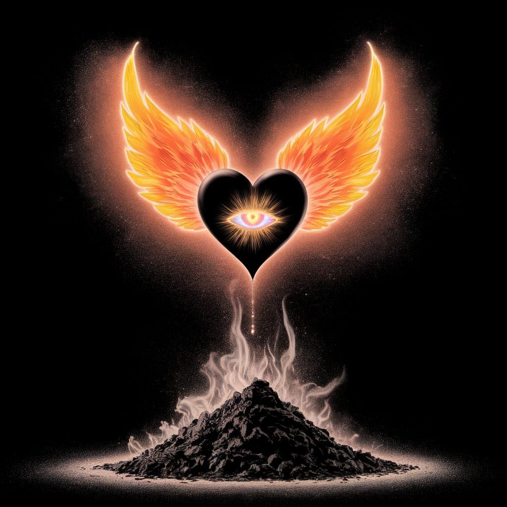 Ethereal Heart soars above Ashy Ruins in Vibrant Spray Paint...