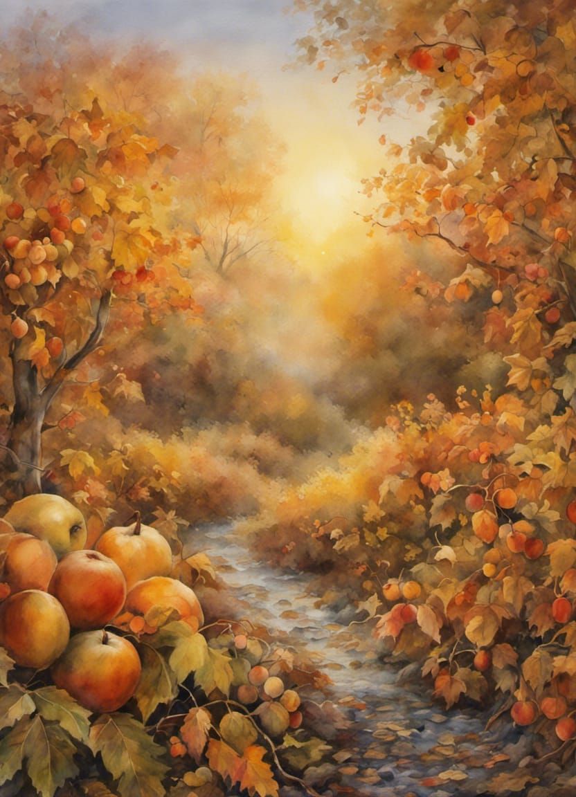 Watercolor Autumn Harvest Under a Golden Moon
