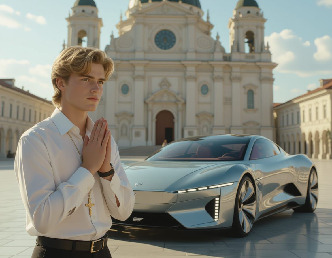 Young Man Praying by Futuristic Car