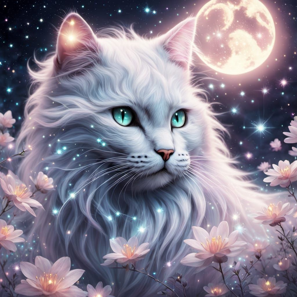 Celestial Cat-Dragon on Moon in Kawaii Fantasy Art