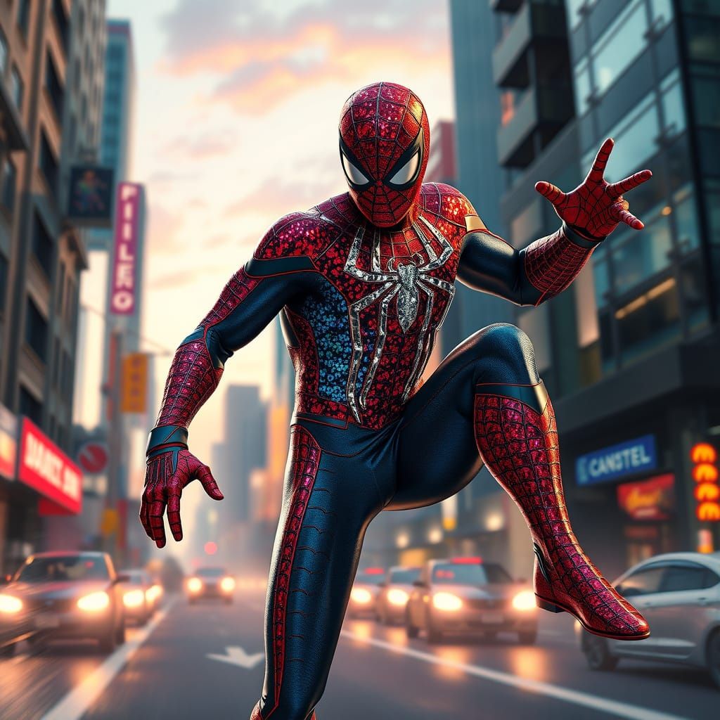 Heroic Anime Spiderman in Sequined Superhero Costume