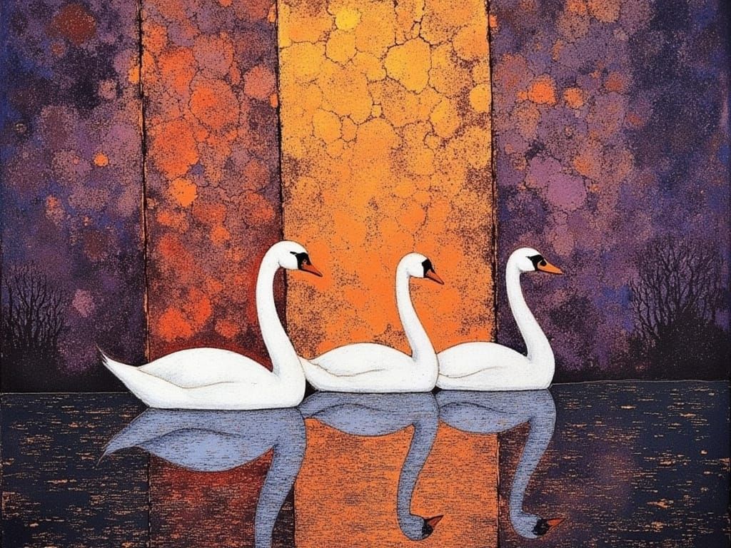 Majestic Swans in Vibrant Purple and Orange Landscape