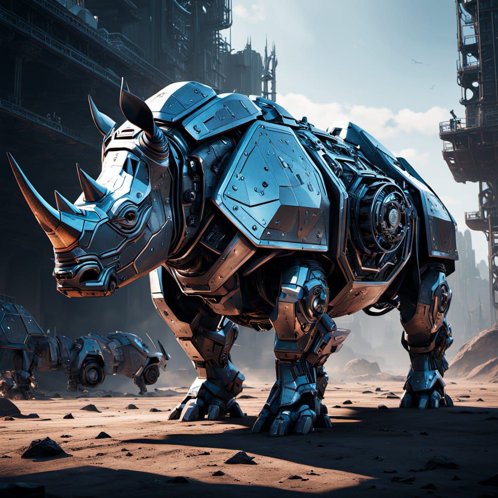 Mechanized Rhino in Futuristic Landscape