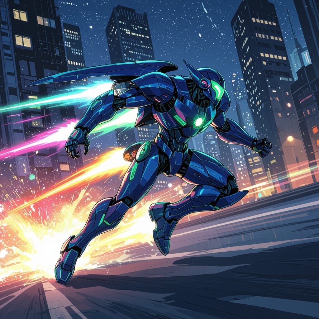 Speedster Android Running Through Cosmic Metropolis