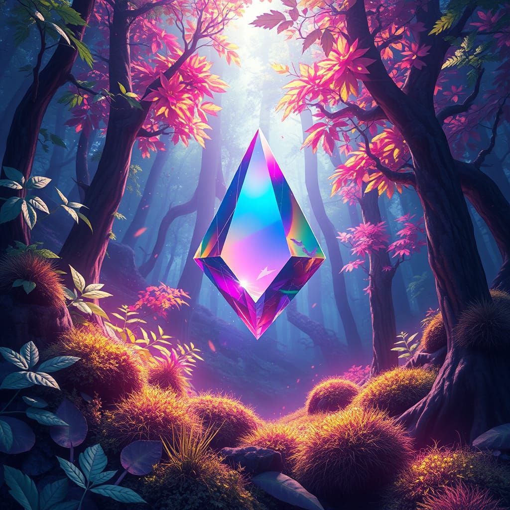 Crystal Prism in Enchanted Forest, Detailed Art