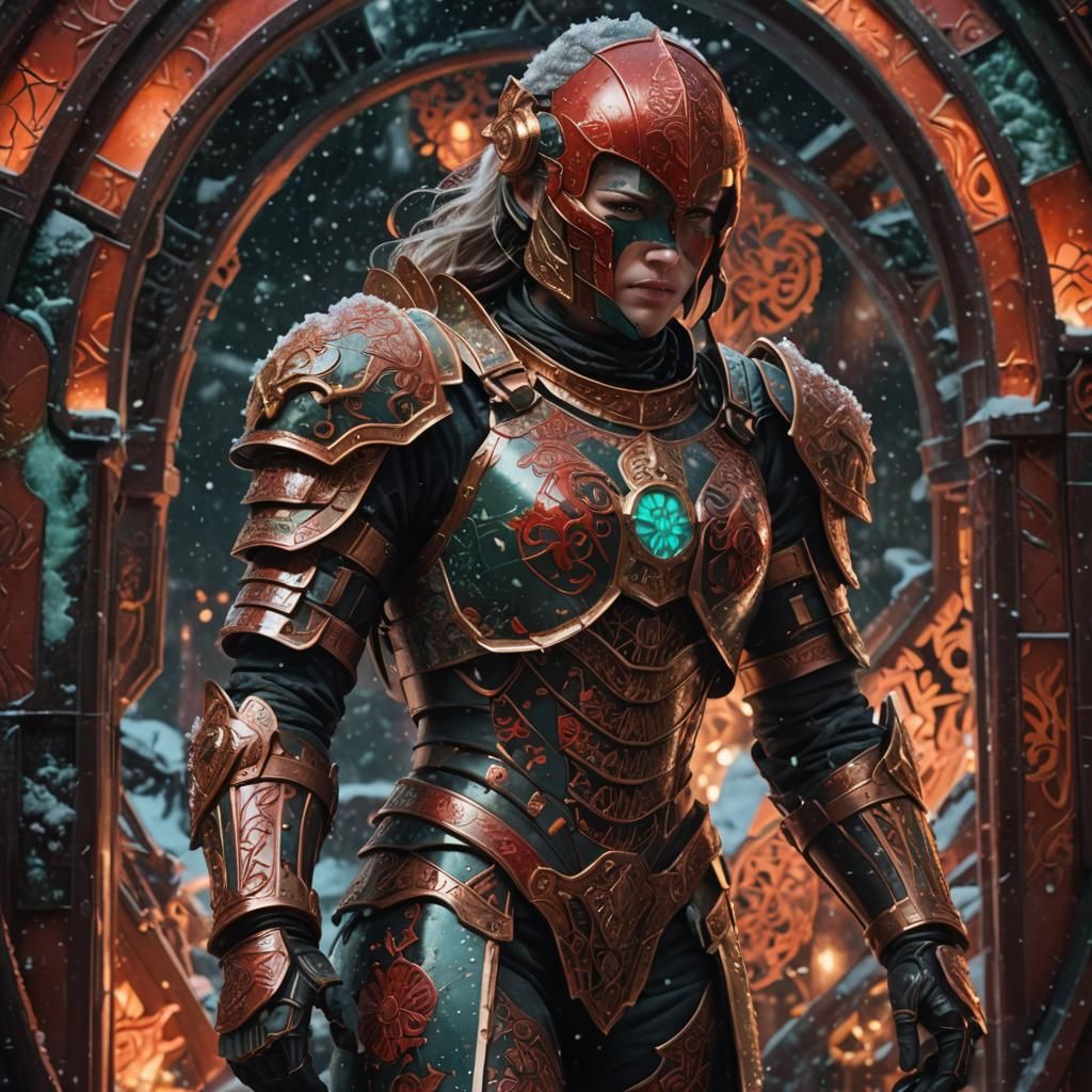 Female Warrior in Scarlet and Mint Armor, Digital Painting