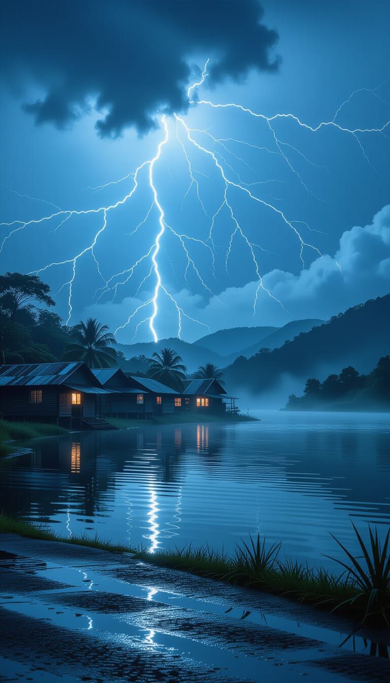 Remote Village in Lightning Storm