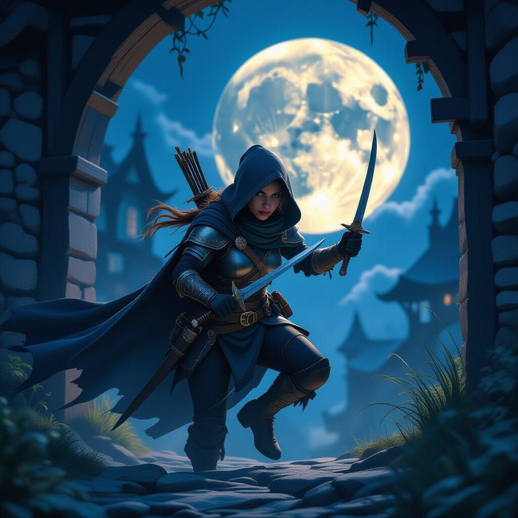 Halfling Rogue Slipping into Shadows at Night