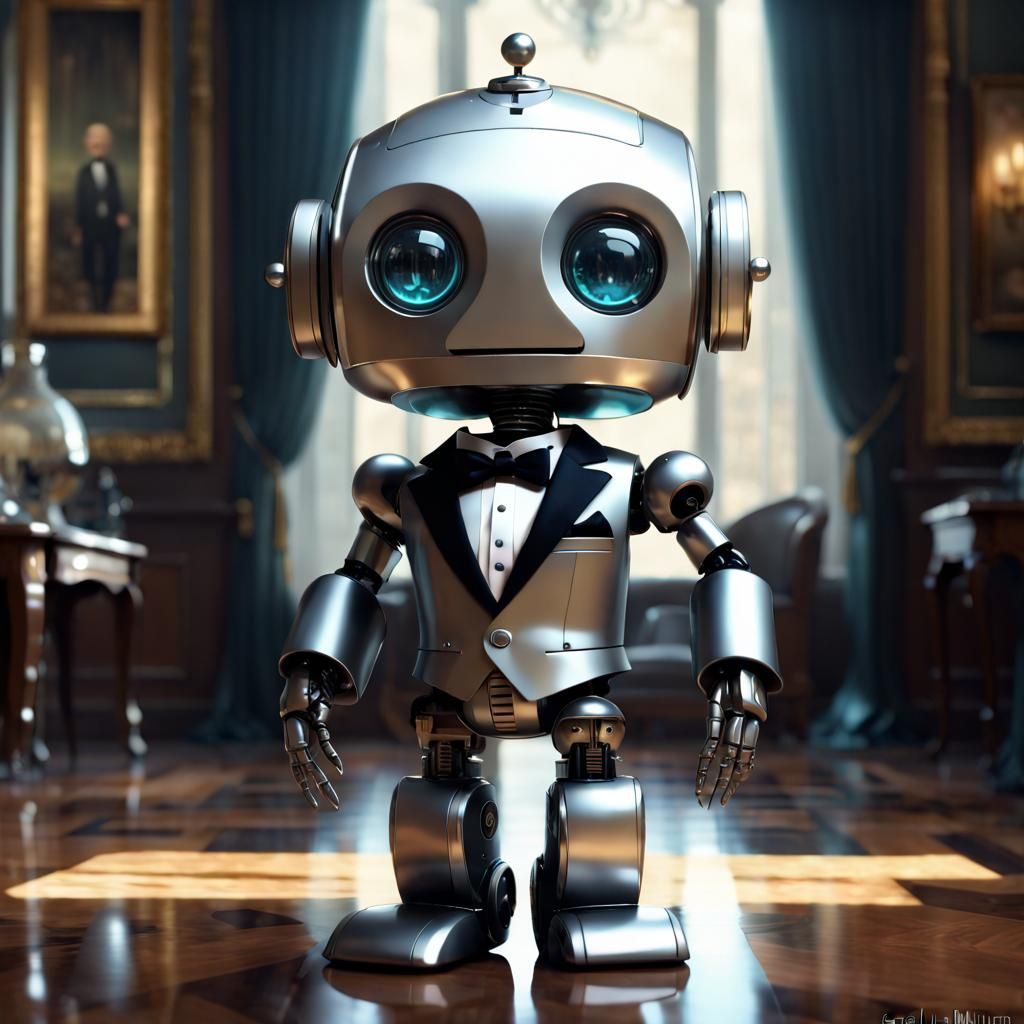Adorable Chibi Robot Butler in Anime Art Style