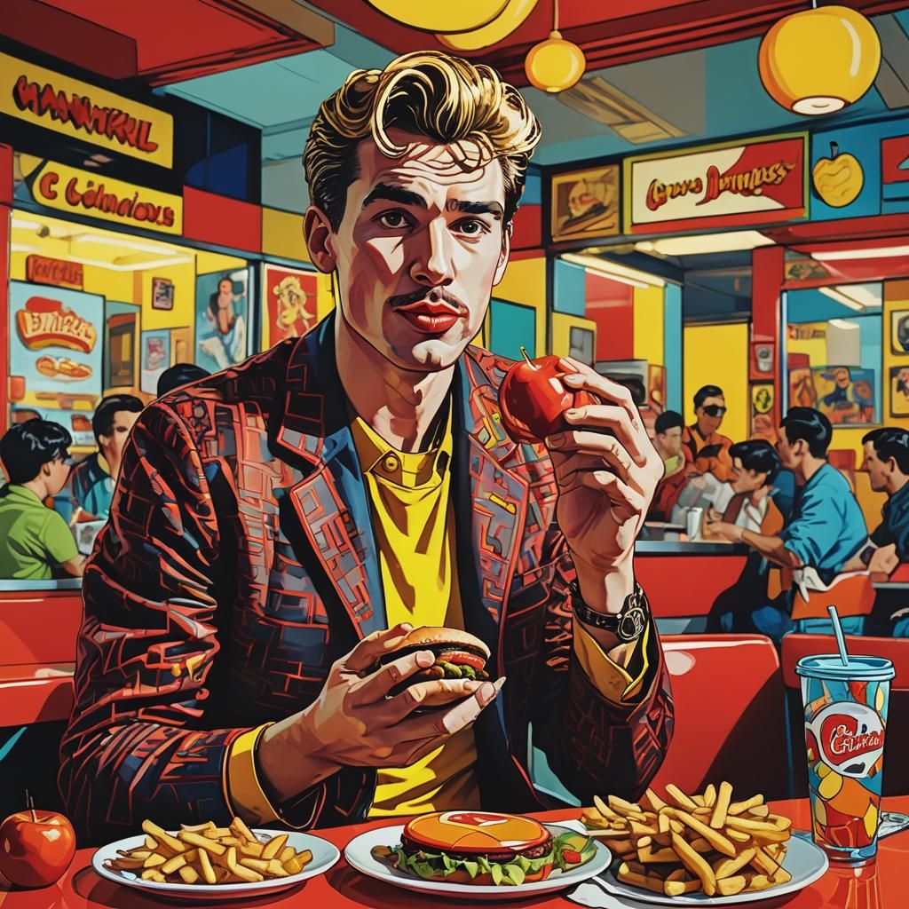 Pop Art Diner: Man with Apple, Burgers, and Fries