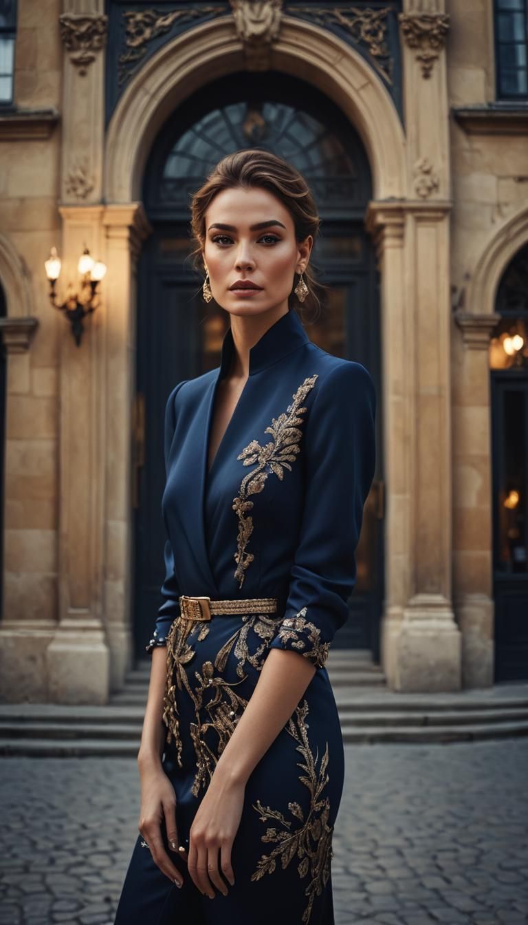Elegant Woman in Dark Blue High-Fashion Portrait