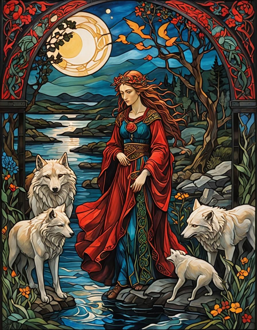 Stained Glass Celtic Goddess with Wolves