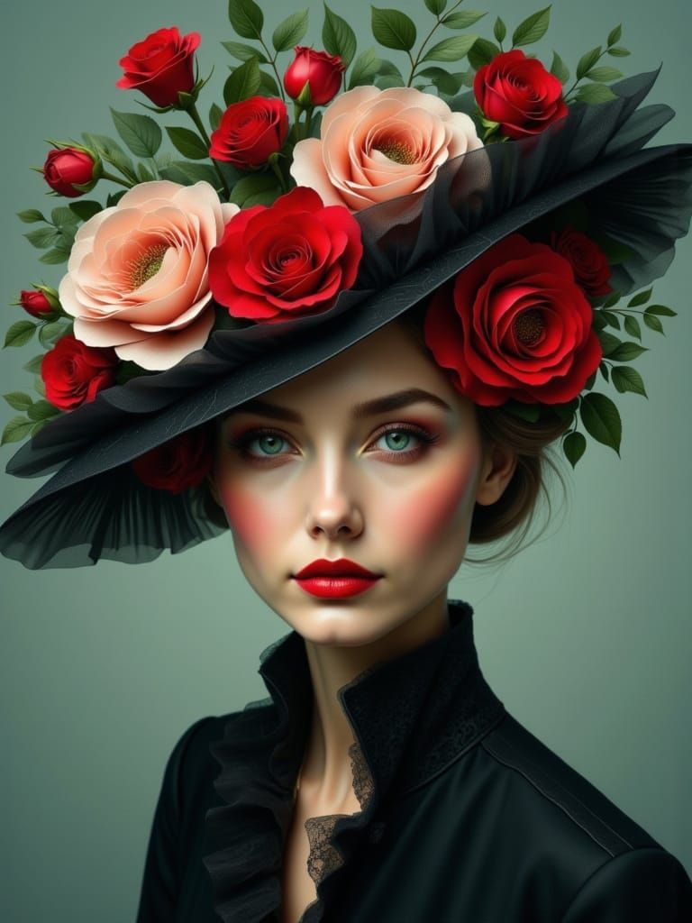 Mixed Media Portrait of a Woman in a Floral Hat