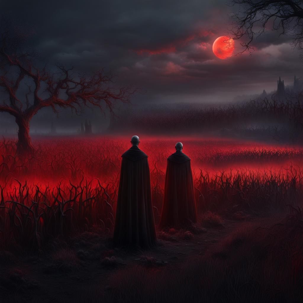 Vampires with Glowing Eyes at Dusk, Detailed Matte Painting