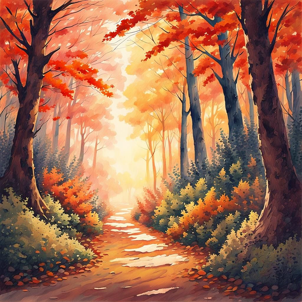 Serene Japanese Forest Path in Watercolor Anime Style