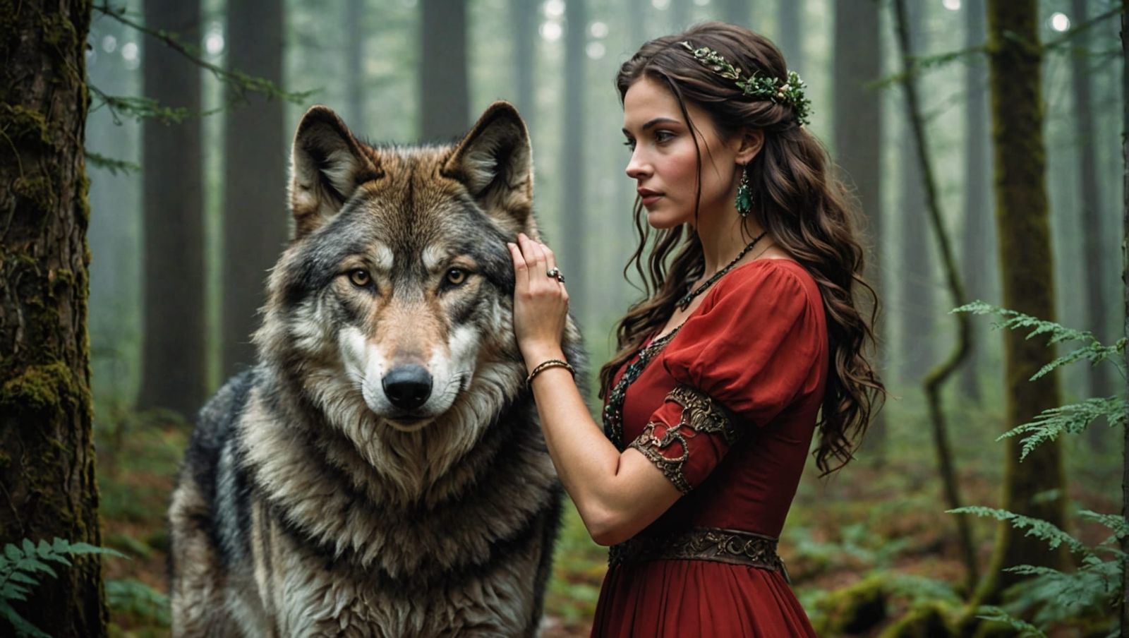 Young Woman and Wolf in Enchanting Forest