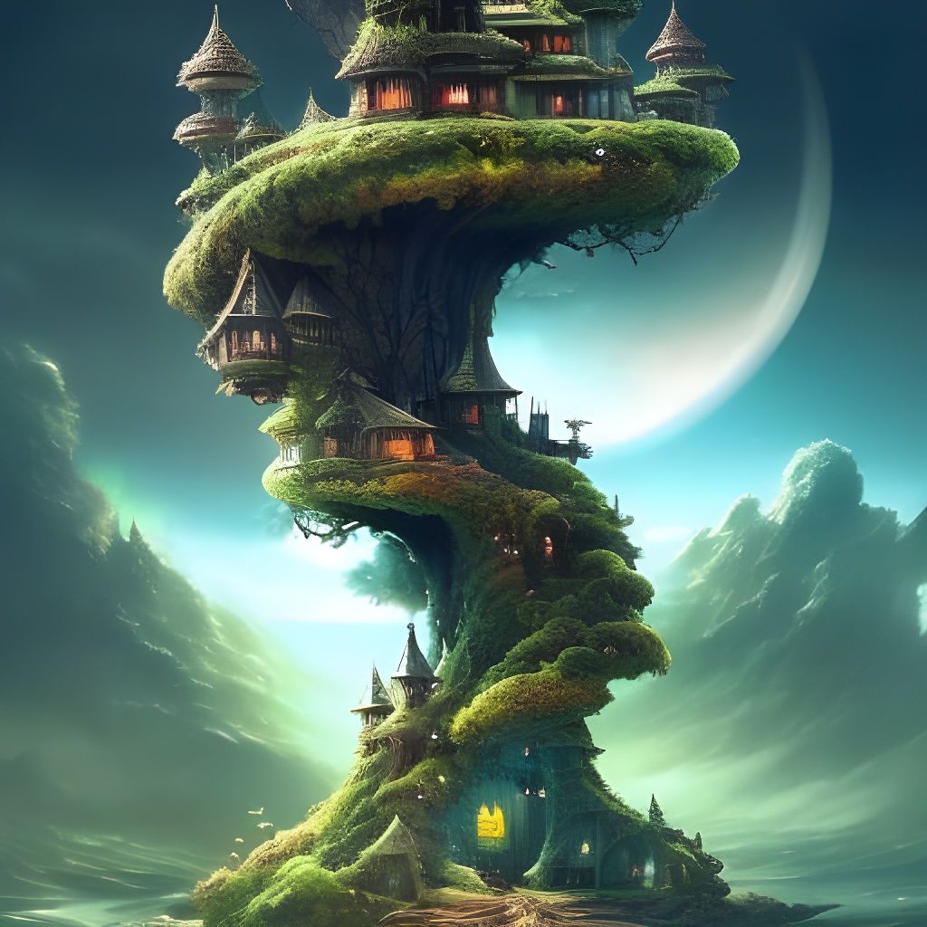 Glass Bottle Fairycore Village: Digital Illustration