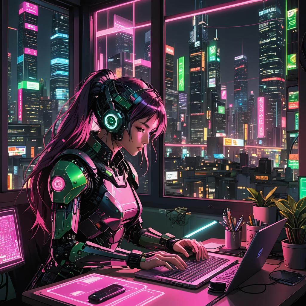 Cyberpunk Robot Girl Under Neon Tokyo Skies