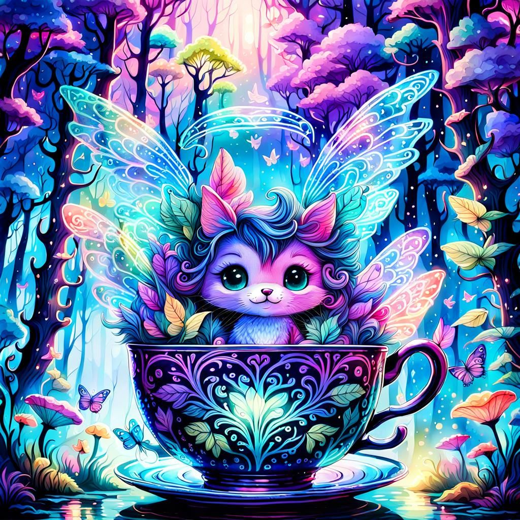 Magical Teacup World with Bioluminescent Fairies, Watercolor...