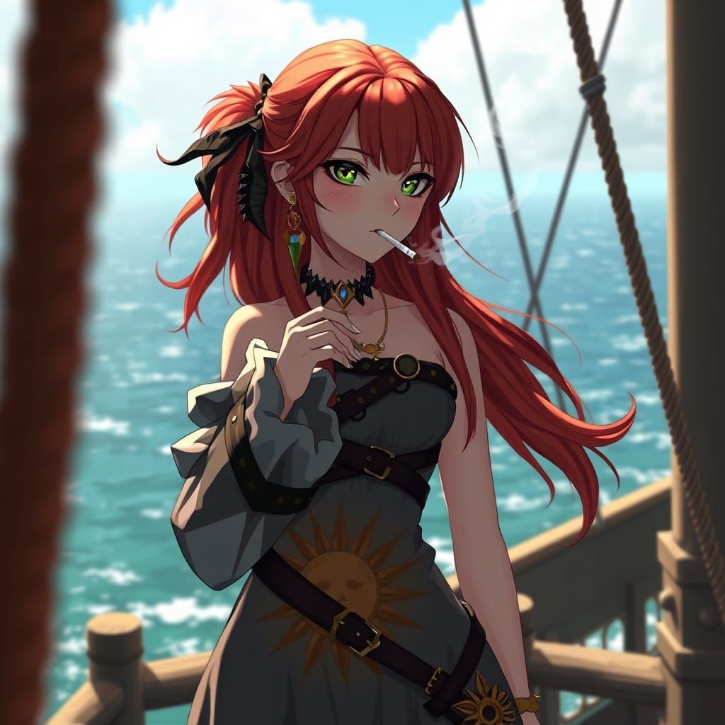 Anime Pirate Smokes on Deck in 3D Style