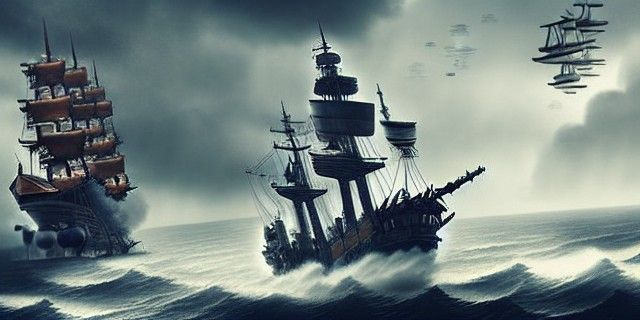 Steampunk Airship Pirate Battle Over Rough Seas