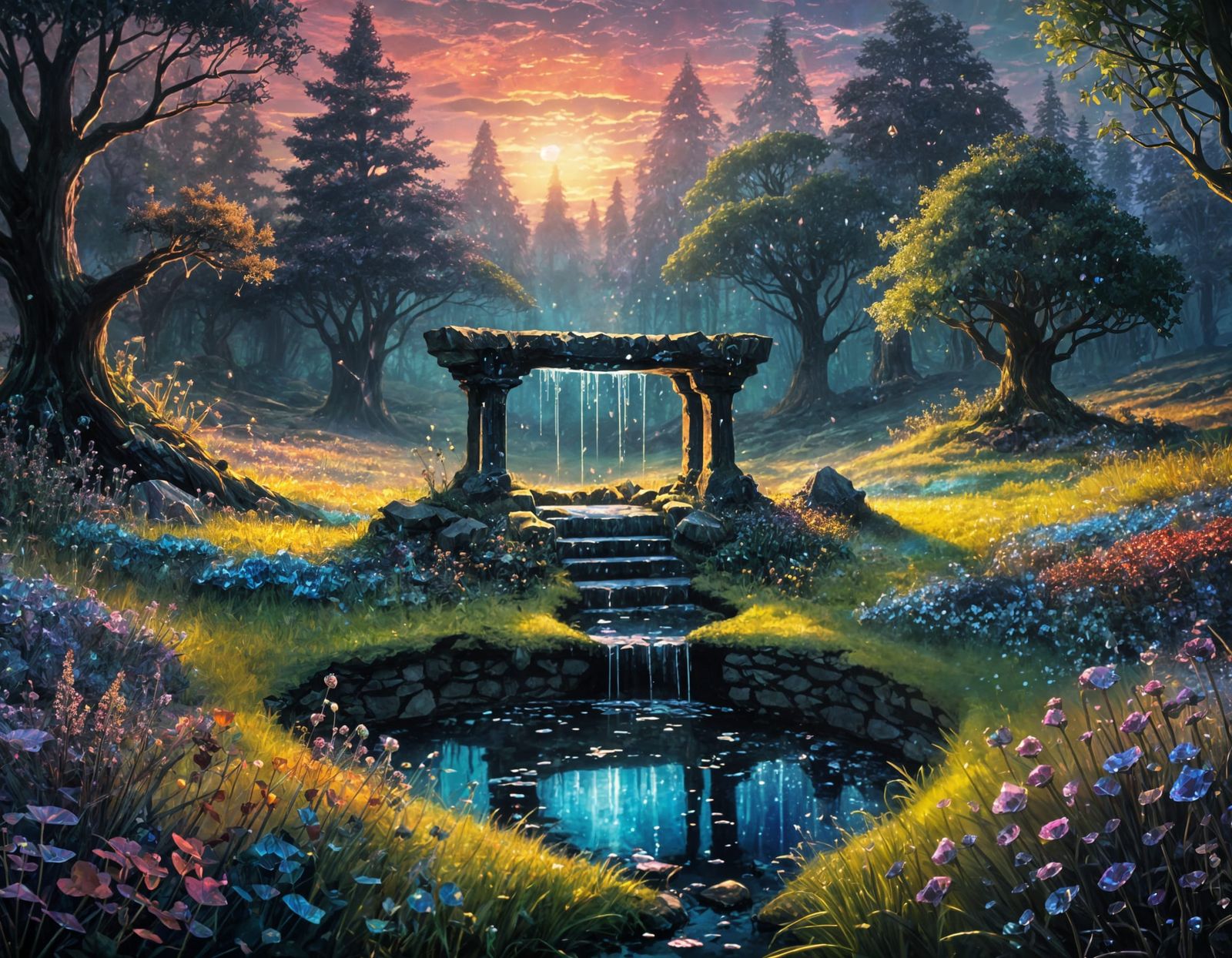 Neon Fantasy Landscape with Ancient Well in Oil Painting