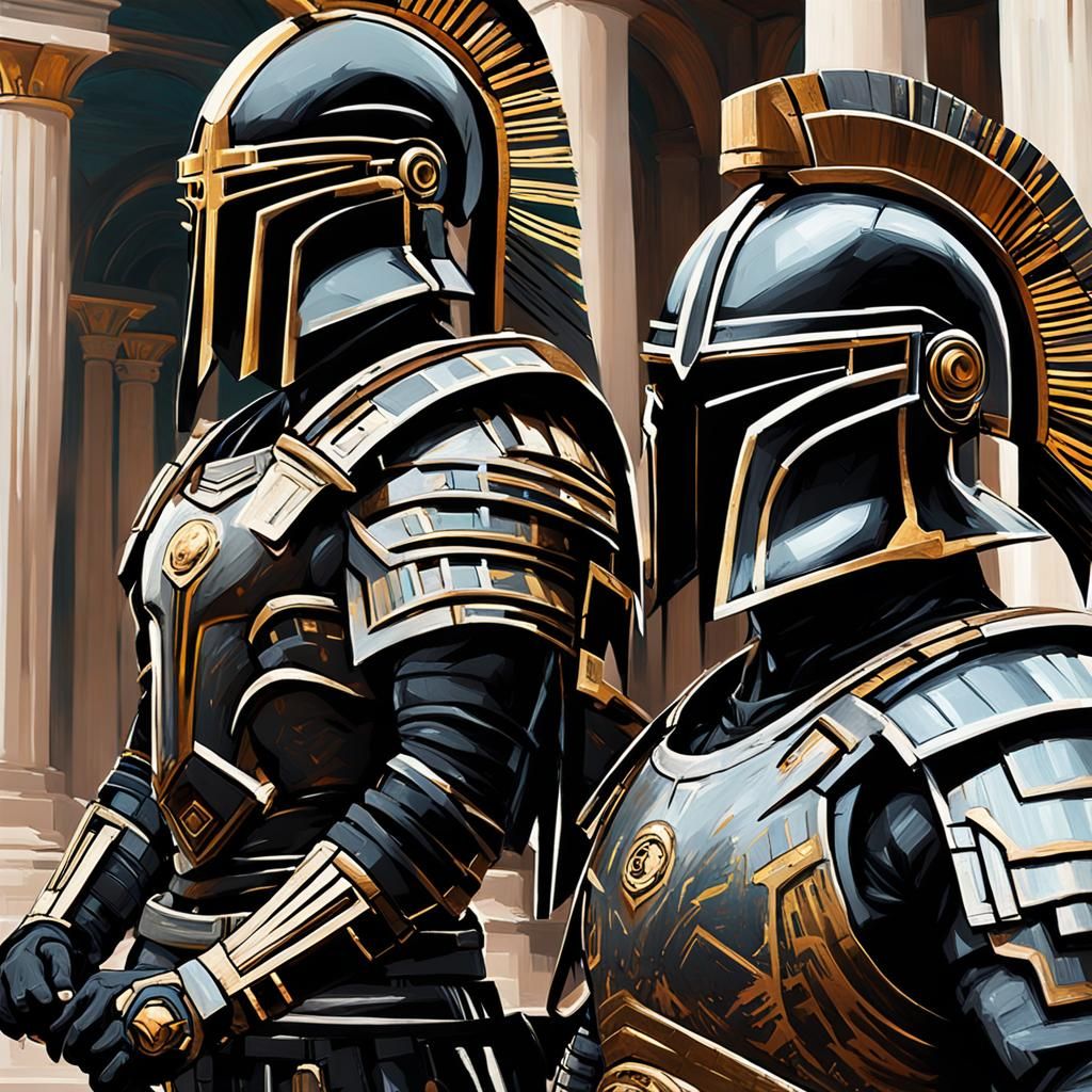 Cyberpunk Spartan Guard in Noir Cityscape