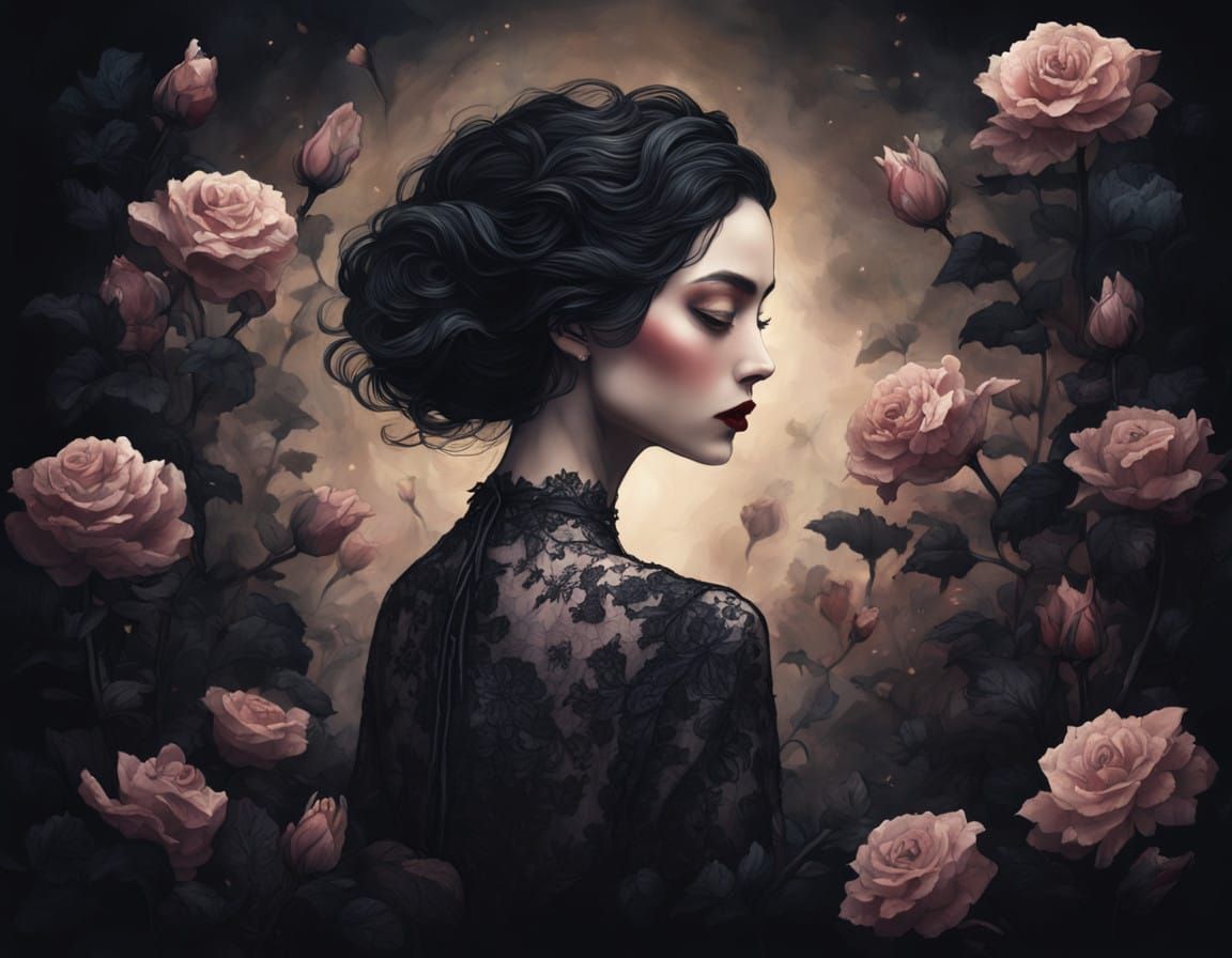 Enigmatic Lady in Black Lace and Roses