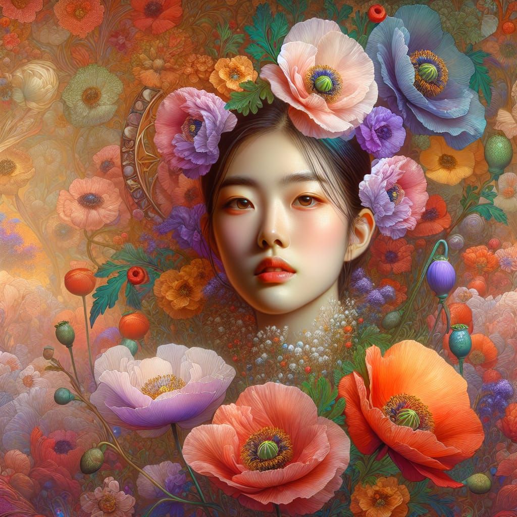 Fairy-like face of a girl in flowers