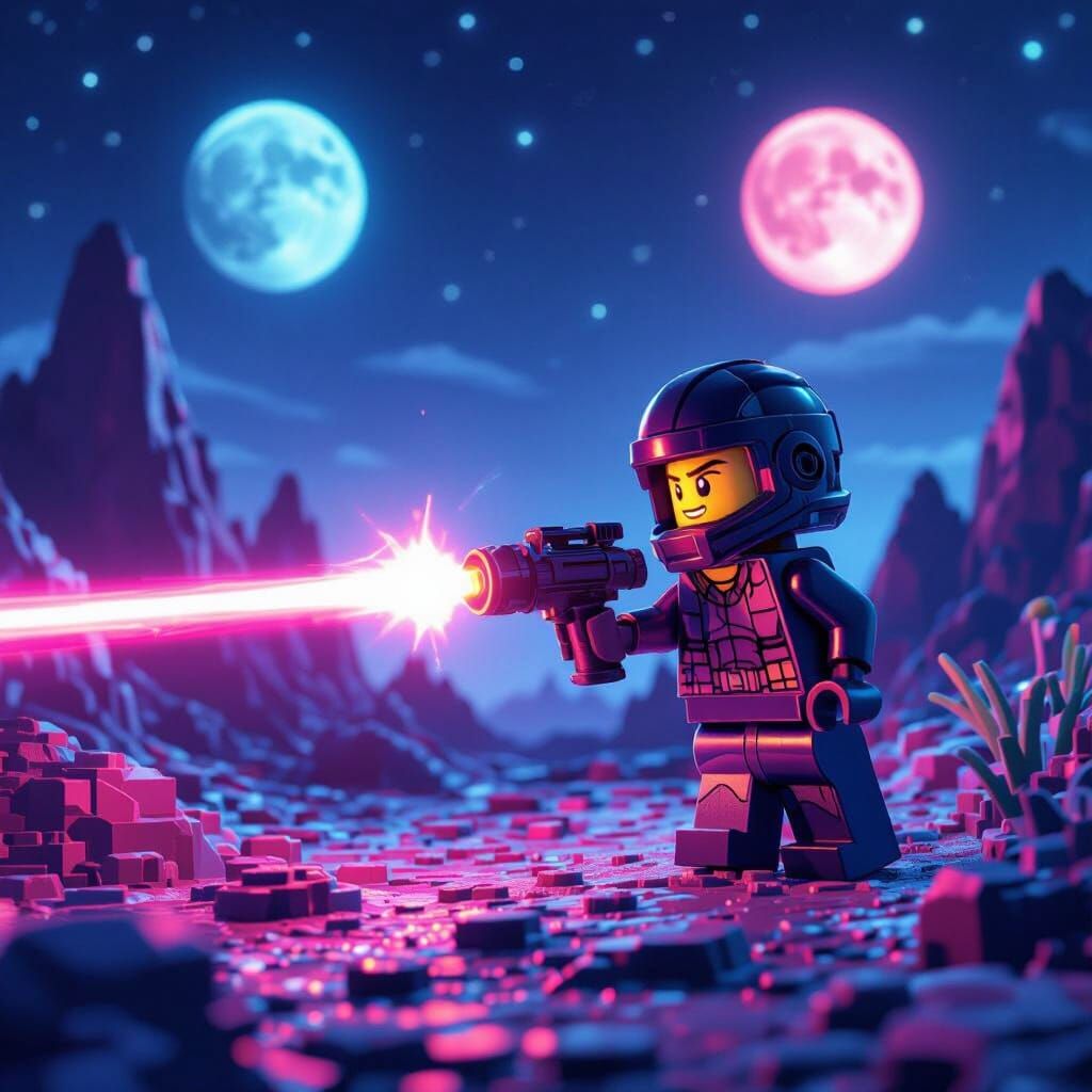 Lego Minifigure Aims Laser Gun on Alien Planet