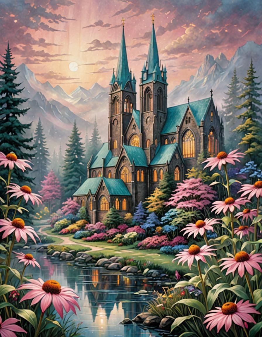 Ethereal Stained Glass Cathedral with Pink Flowers