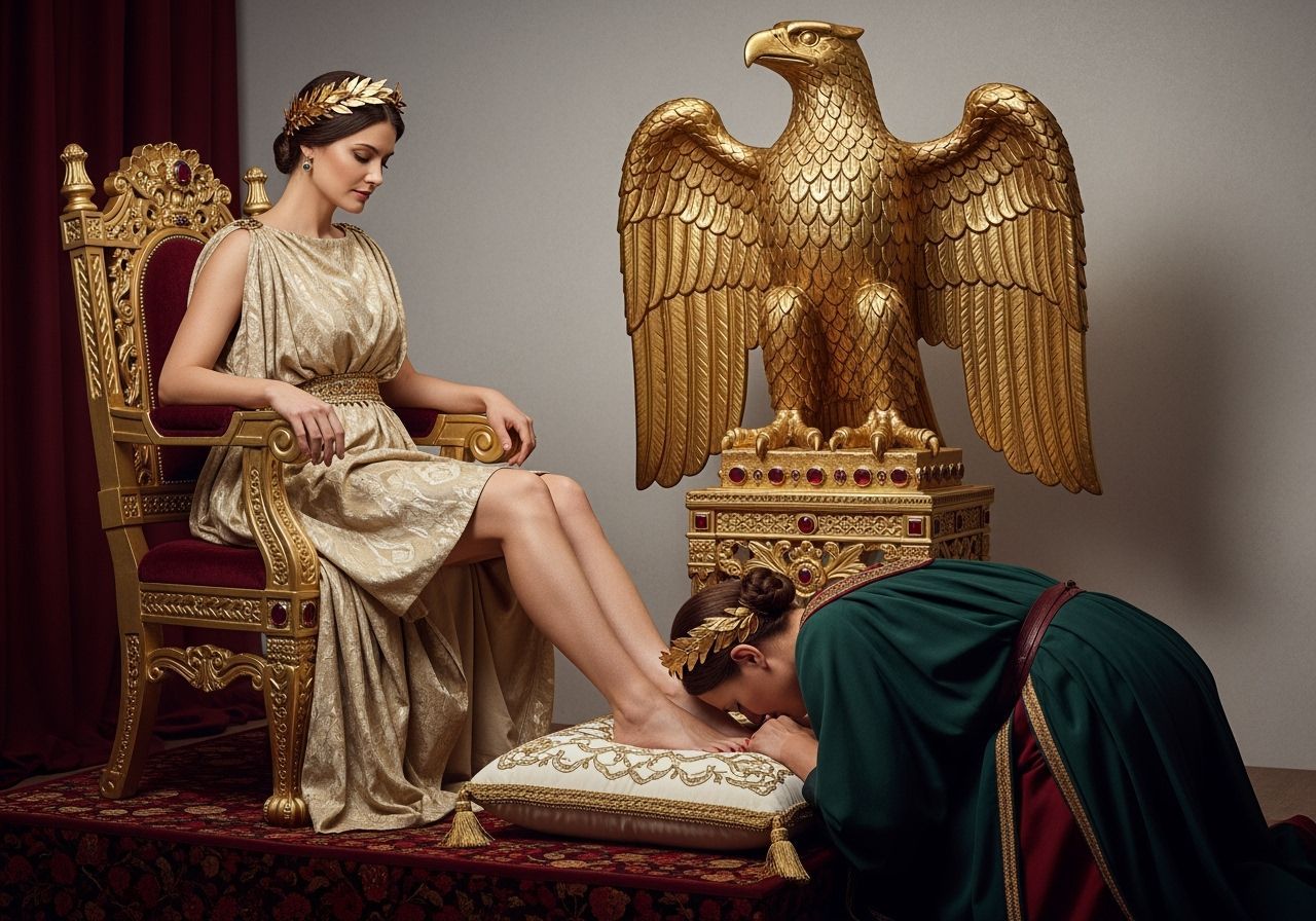 Barefoot Roman Empress on Gold Eagle Throne