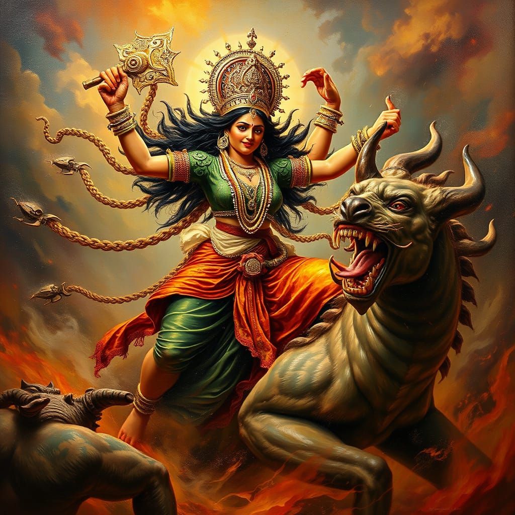 Durga Fighting Mahishasura: Vivid Oil Painting