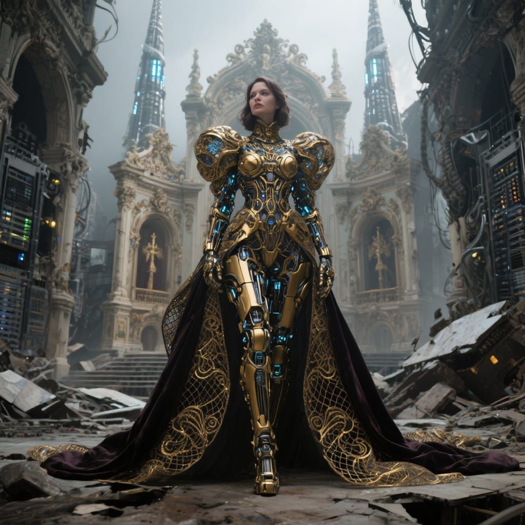 Cybernetic Baroque Woman in Post-Apocalyptic Cathedral