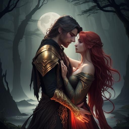Fantasy Lovers Embrace in Surreal Moonlight Forest