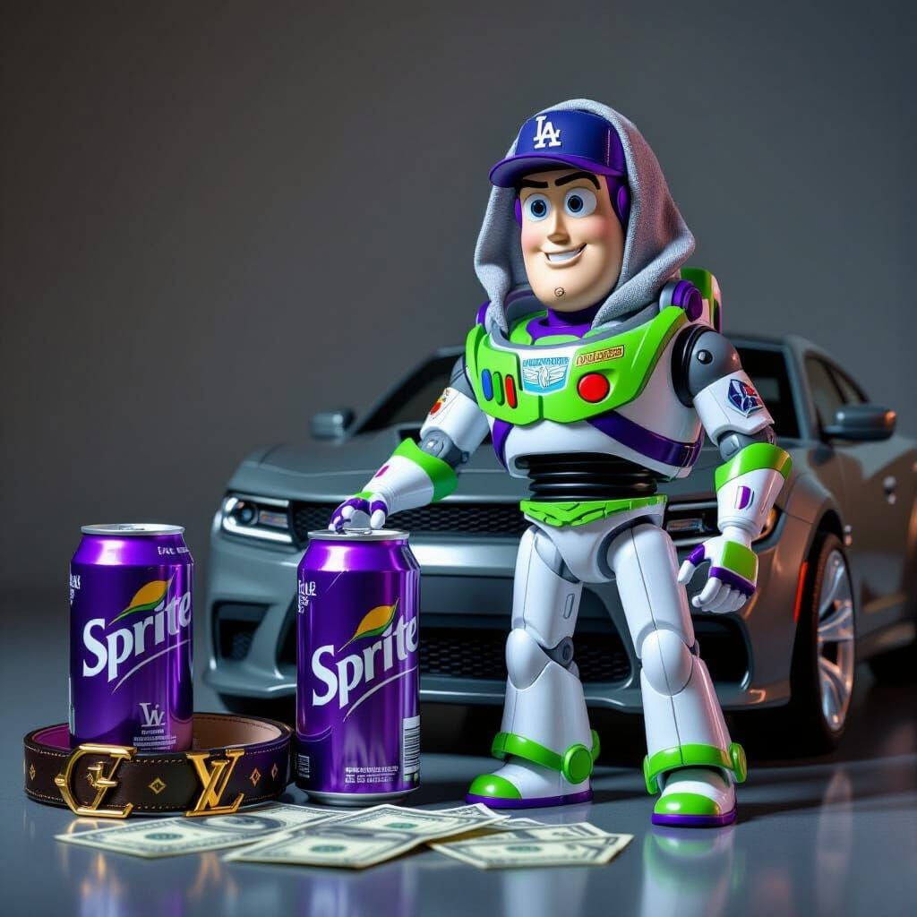 Buzz Lightyear Portrait with LA Hat and Sprite