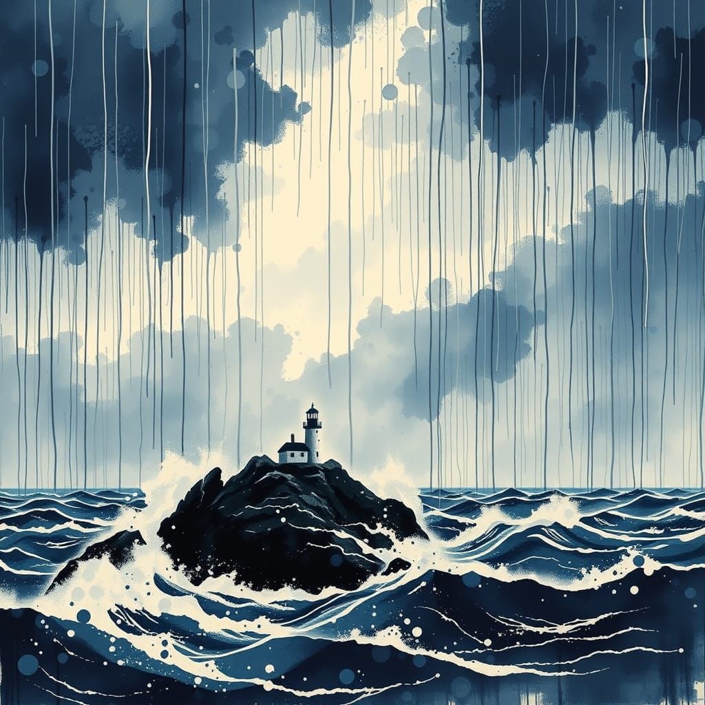 Stormy Lighthouse Ink Splatter Seascape