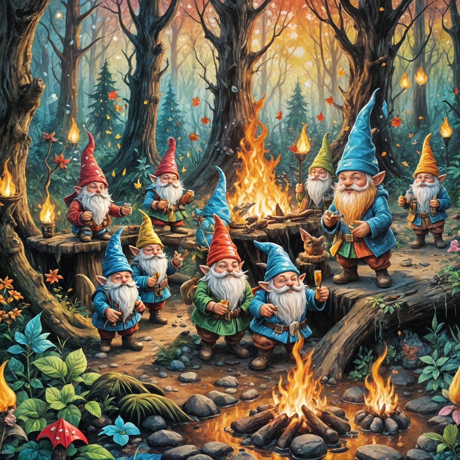 Gnomes Dancing in Mystical Forest: Graffiti Art