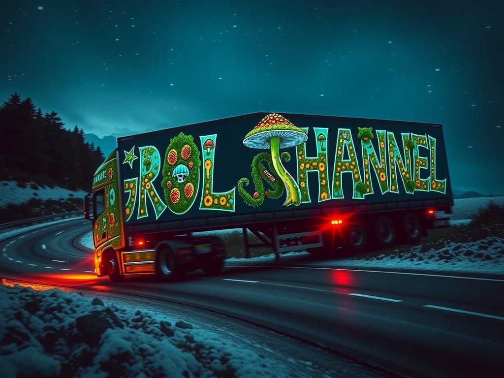 Volvo Semi-Truck Adorned with Glowing Mushrooms