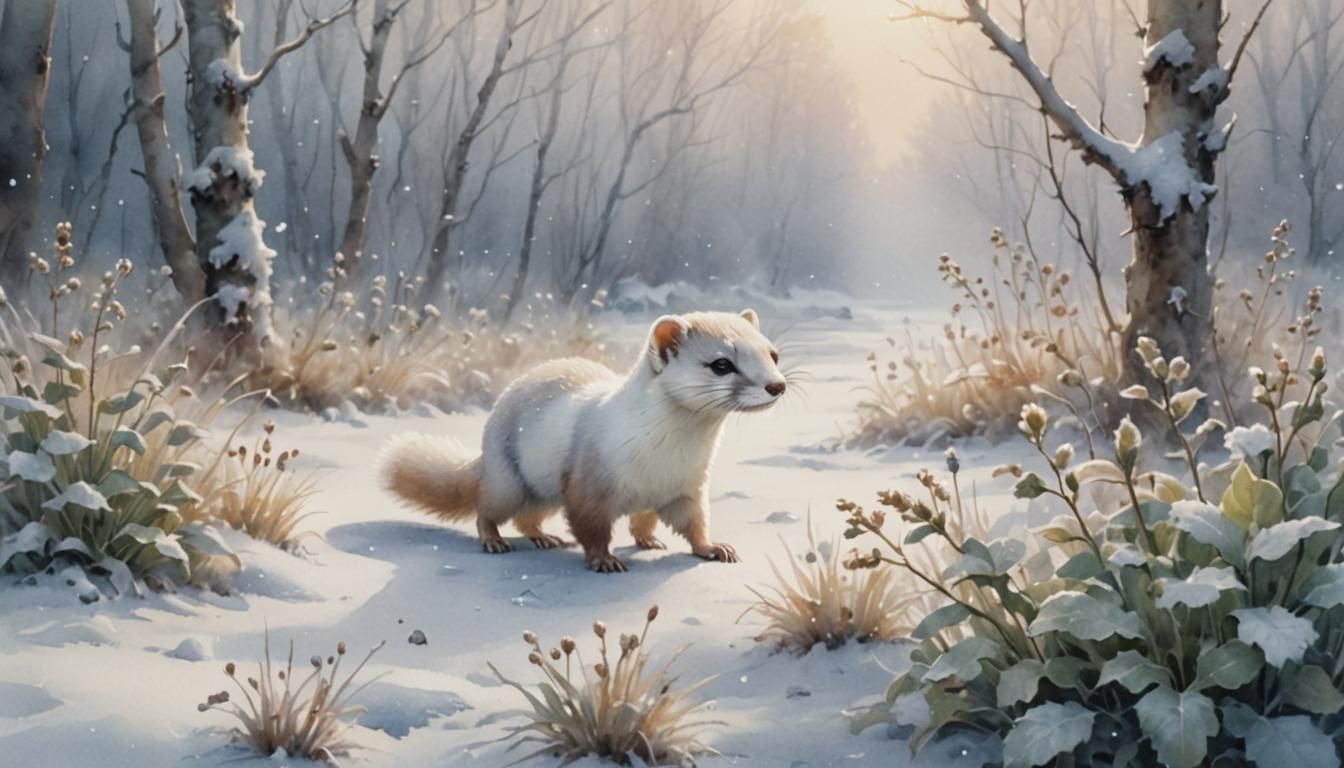 Watercolor Weasel in Snowy Landscape