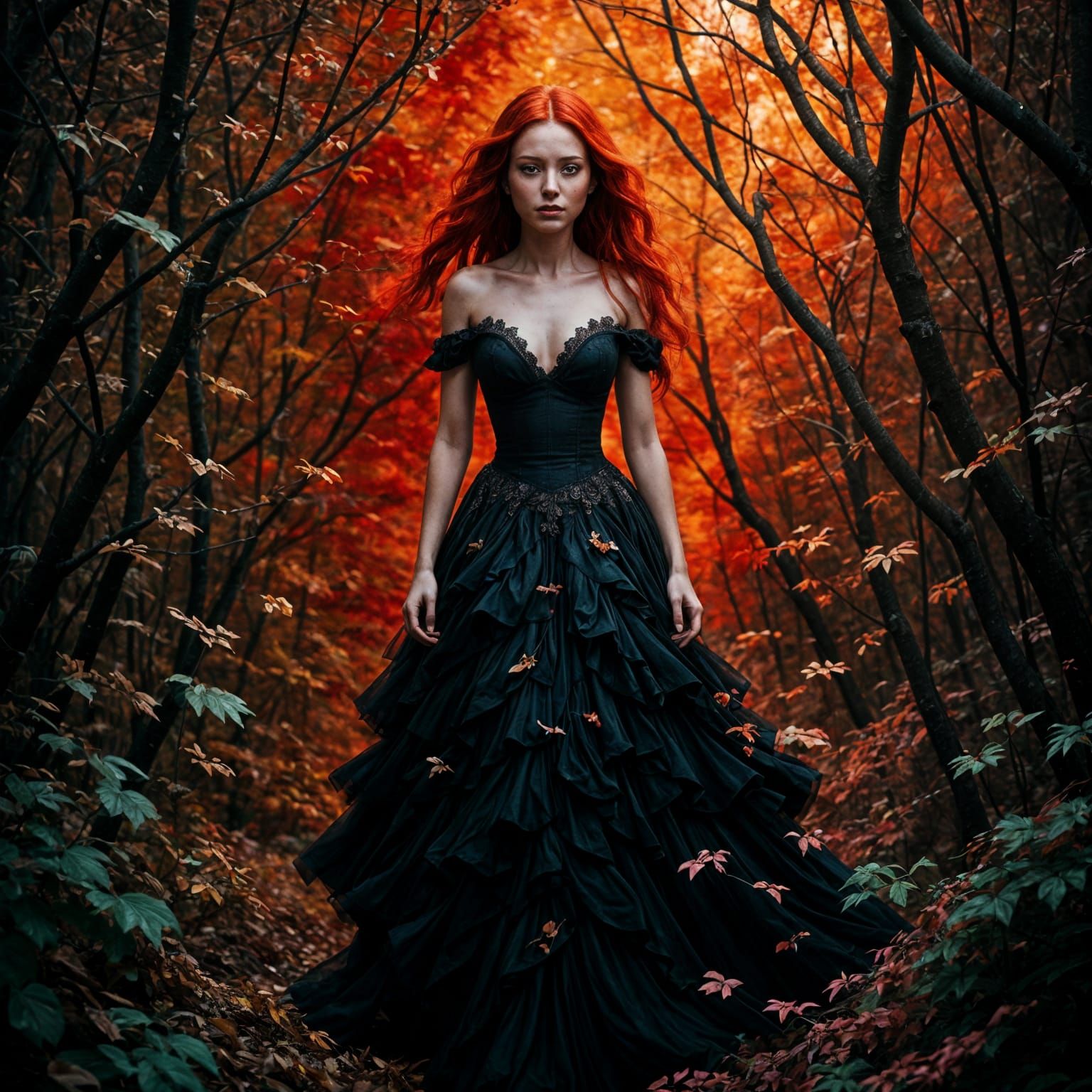 Red hair woman in an autumn forest 