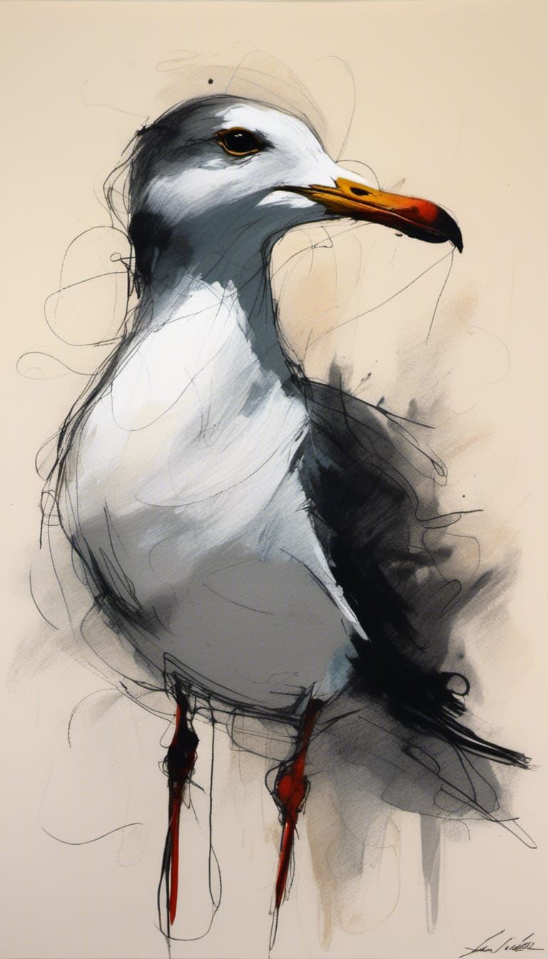 Colorful Seagull in Sailor Suit, Ink Scribbles